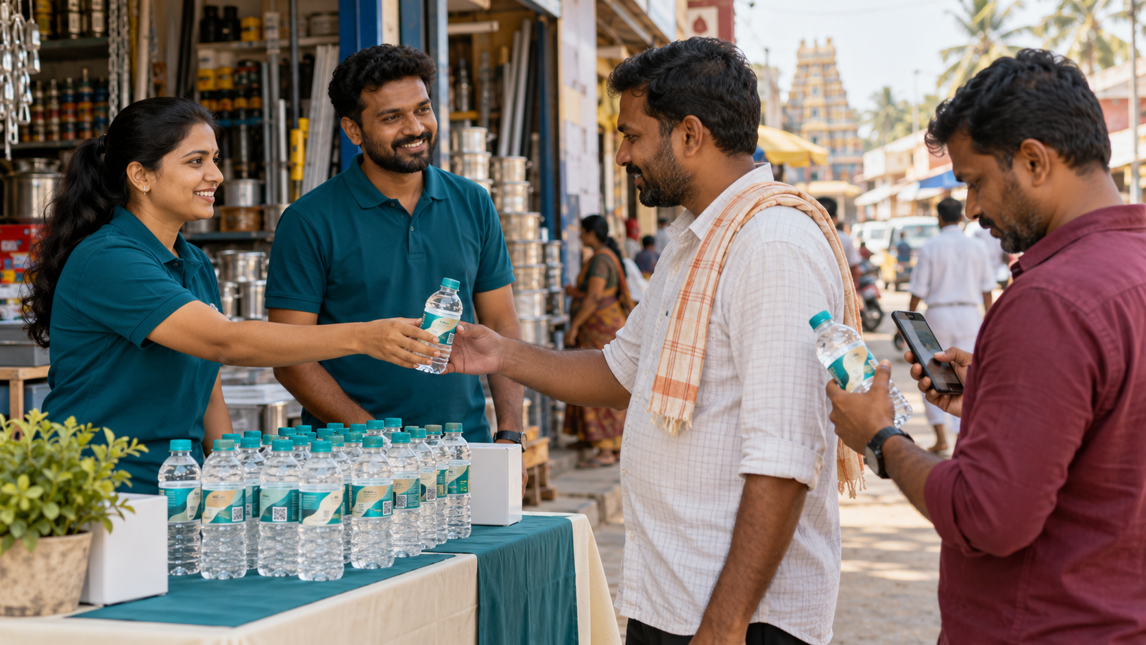 Illustration of two local staff offering sealed free water at a permitted partner forecourt, with an optional product QR journey