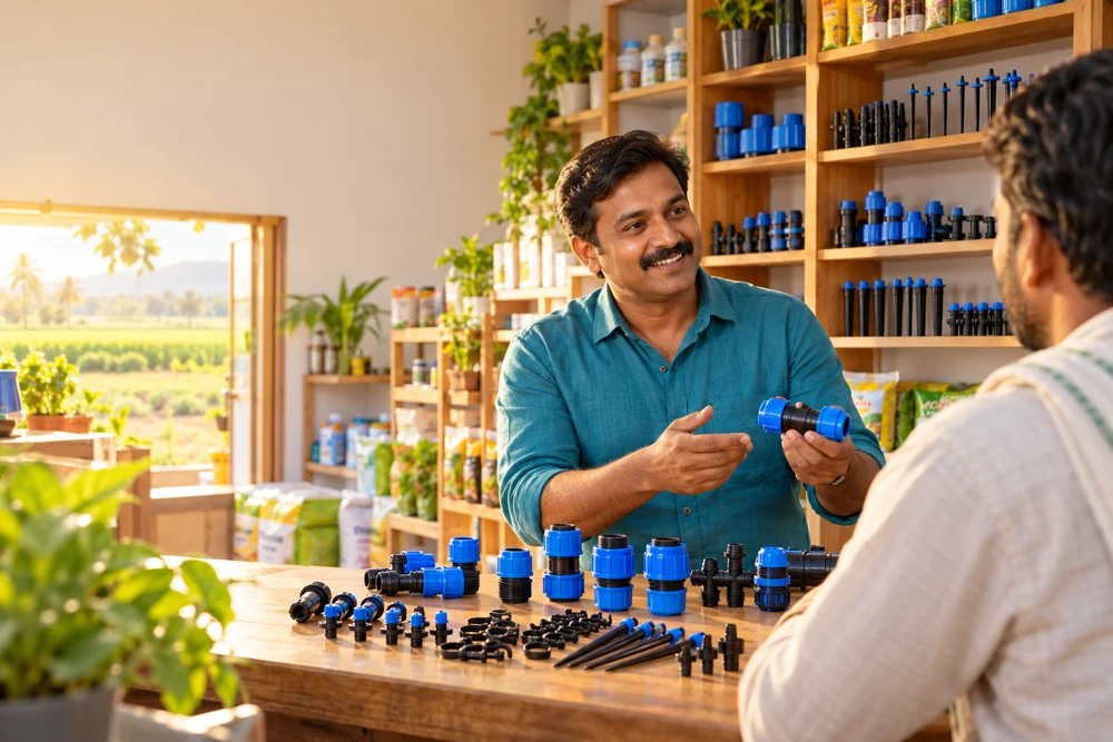 Illustrative product conversation at a local irrigation shop